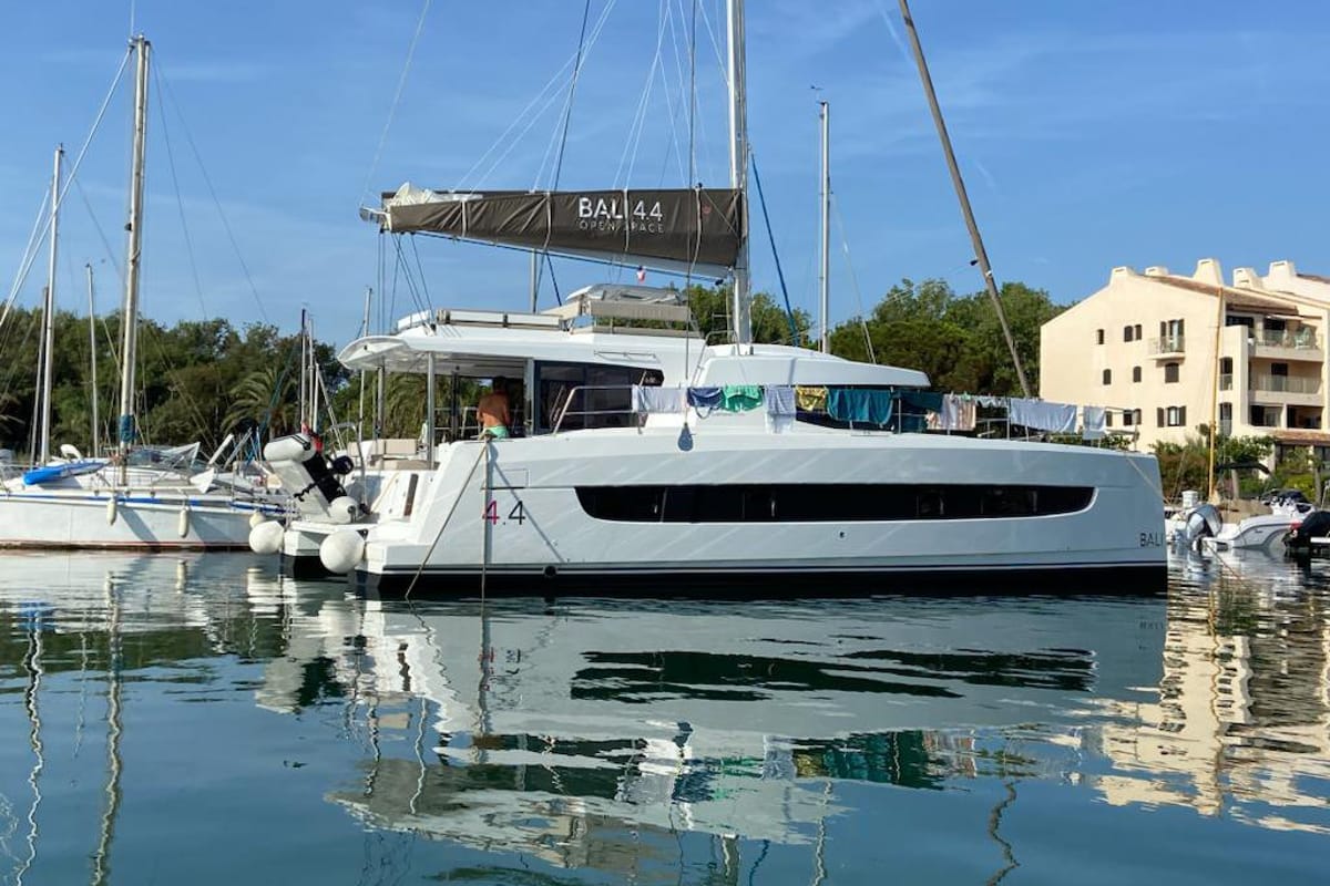 Exterior view of Enterprise, a Bali 4.4 catamaran at Bodrum, Turkey