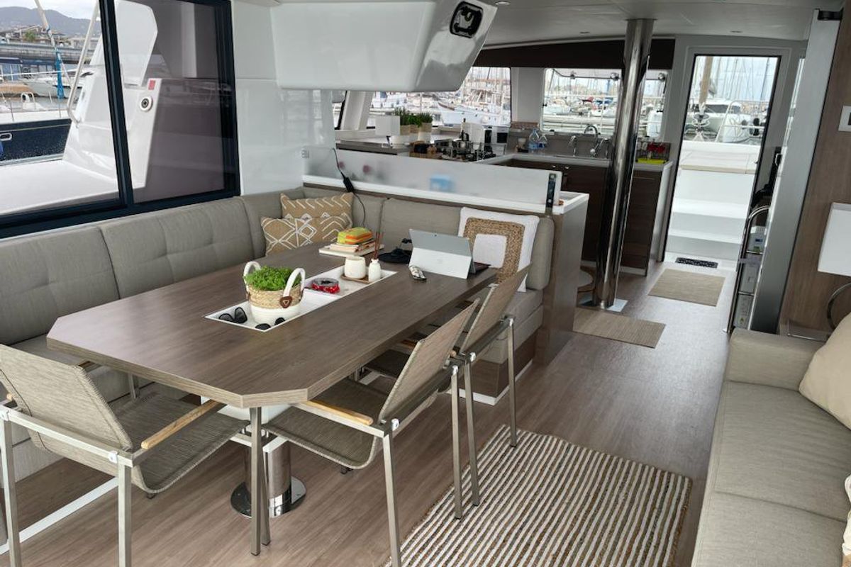 Salon of Enterprise, a Bali 4.4 catamaran at Bodrum, Turkey