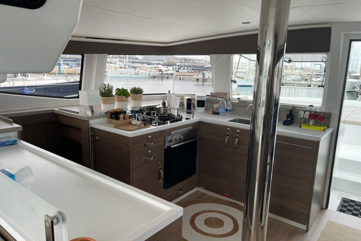 Galley of Enterprise, a Bali 4.4 catamaran at Bodrum, Turkey