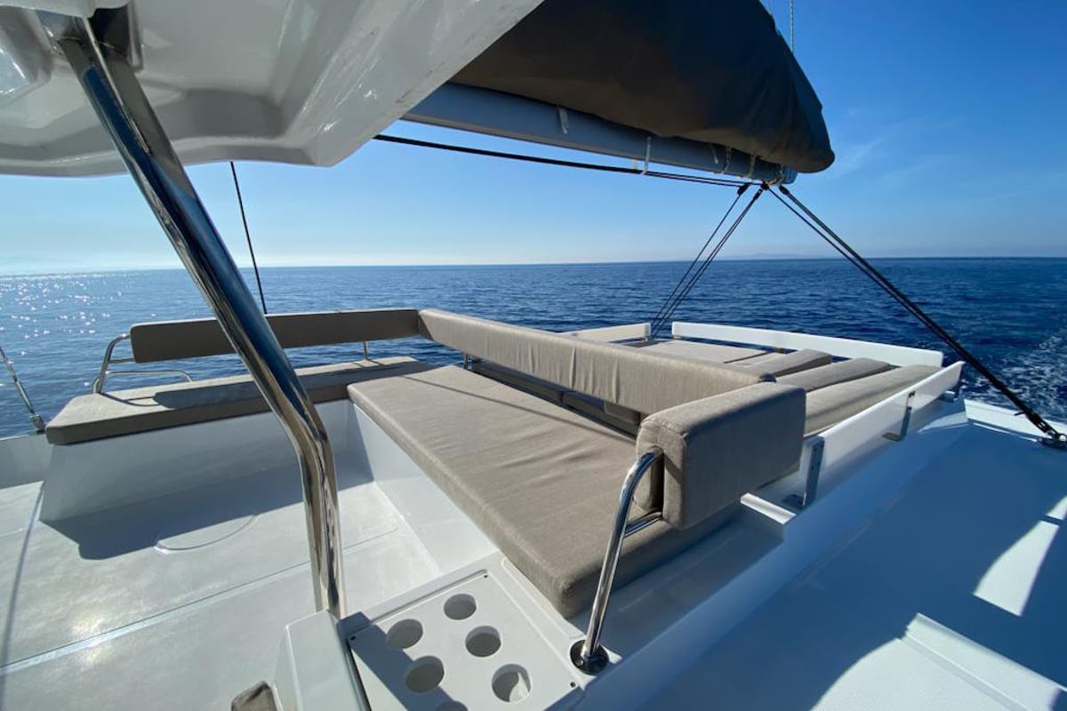 Deck of Enterprise, a Bali 4.4 catamaran at Bodrum, Turkey
