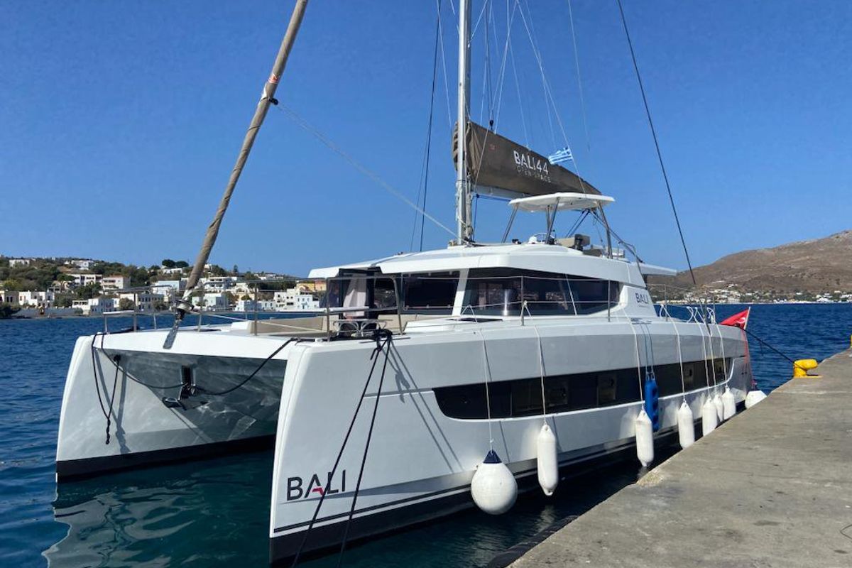 Exterior view of Enterprise, a Bali 4.4 catamaran at Bodrum, Turkey