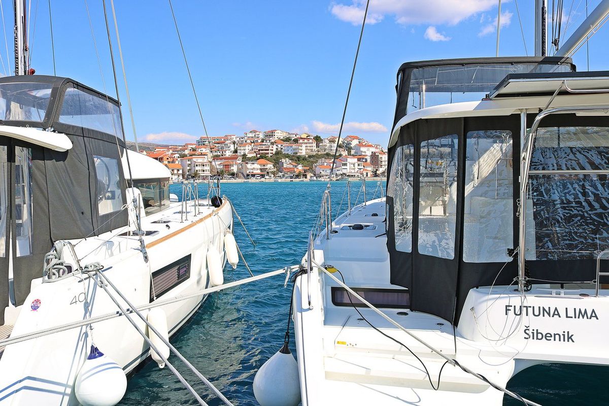 Exterior view of Futuna Lima, a Lagoon 42 catamaran at Općina Rogoznica, Croatia