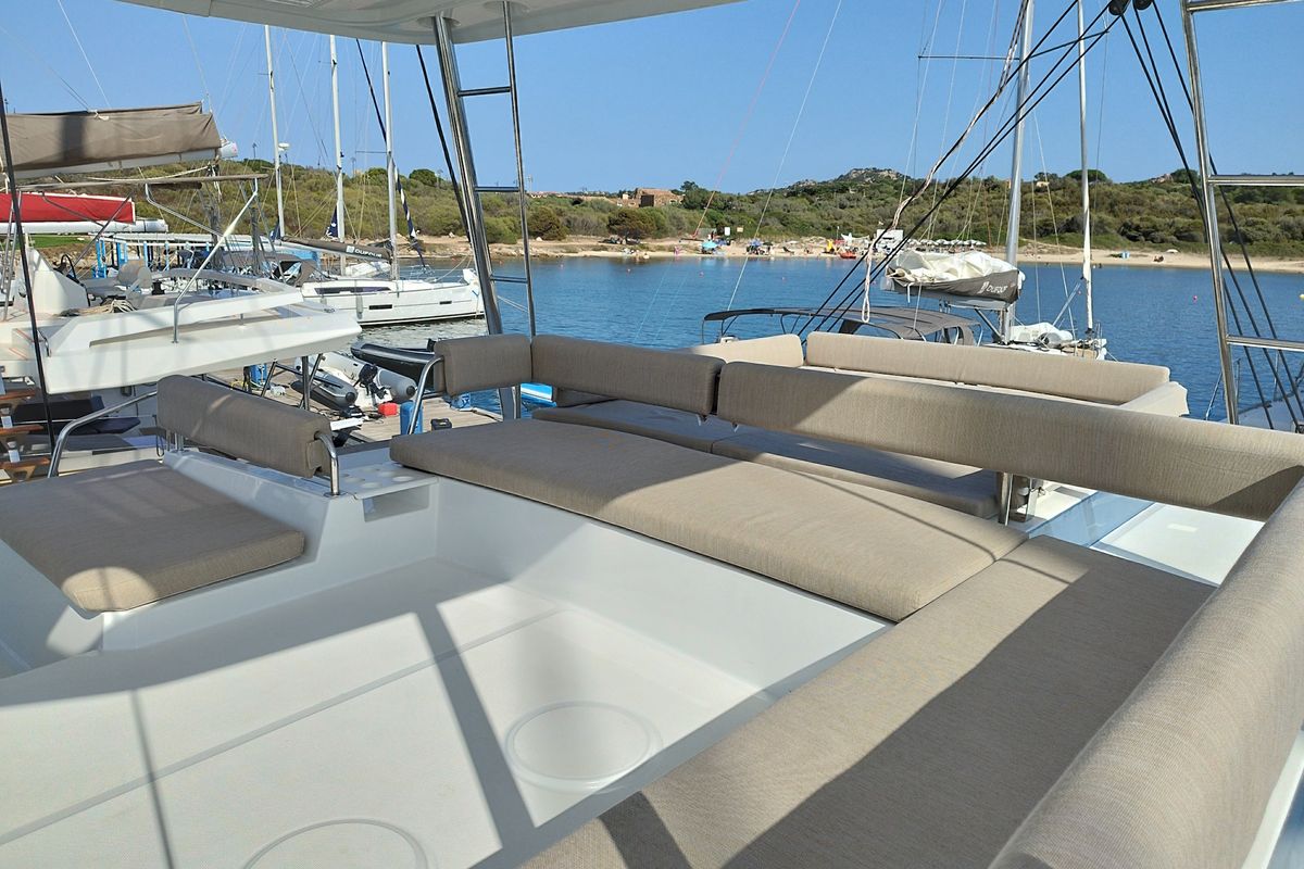 Deck of Steno, a Bali 4.8 catamaran at Olbia, Italy
