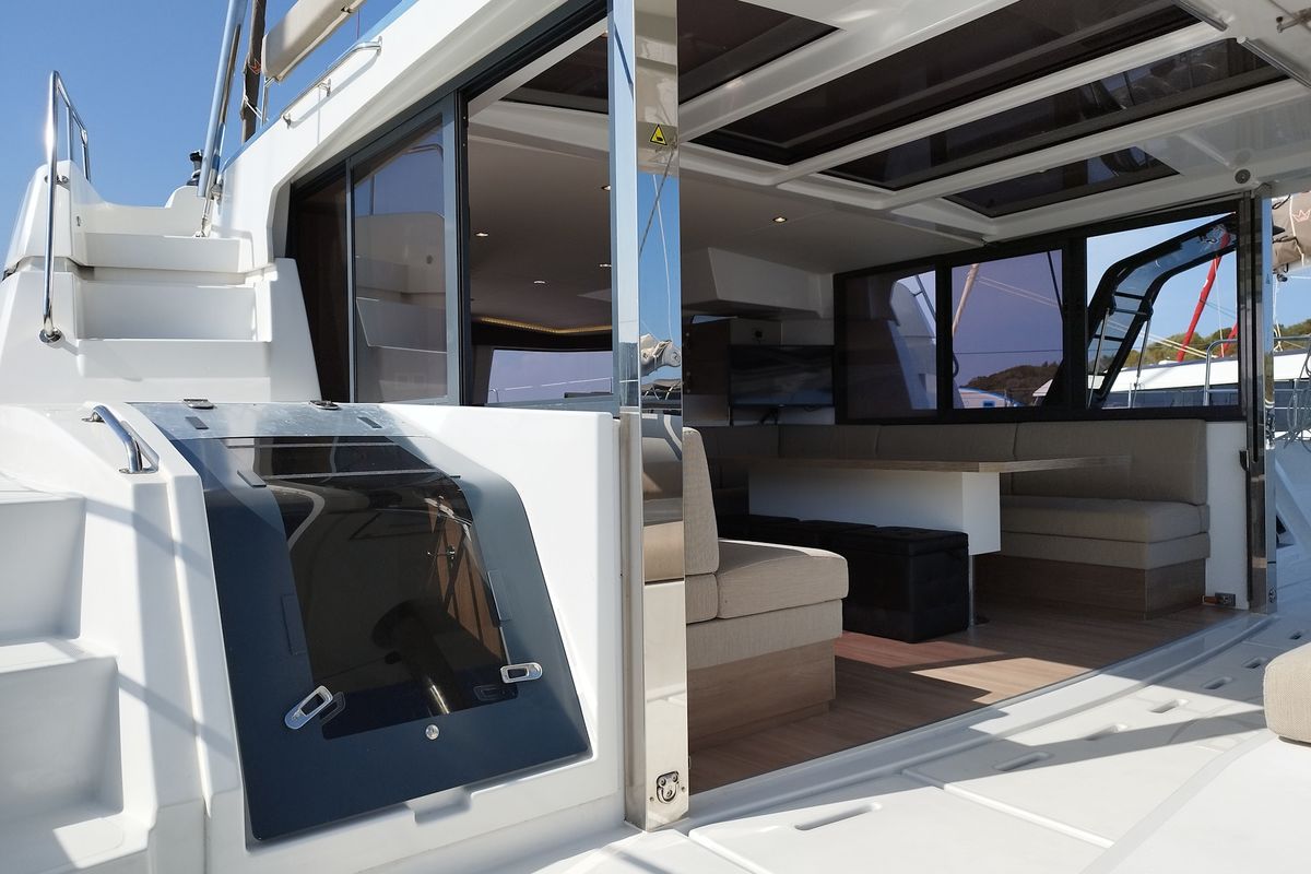 Deck of Steno, a Bali 4.8 catamaran at Olbia, Italy