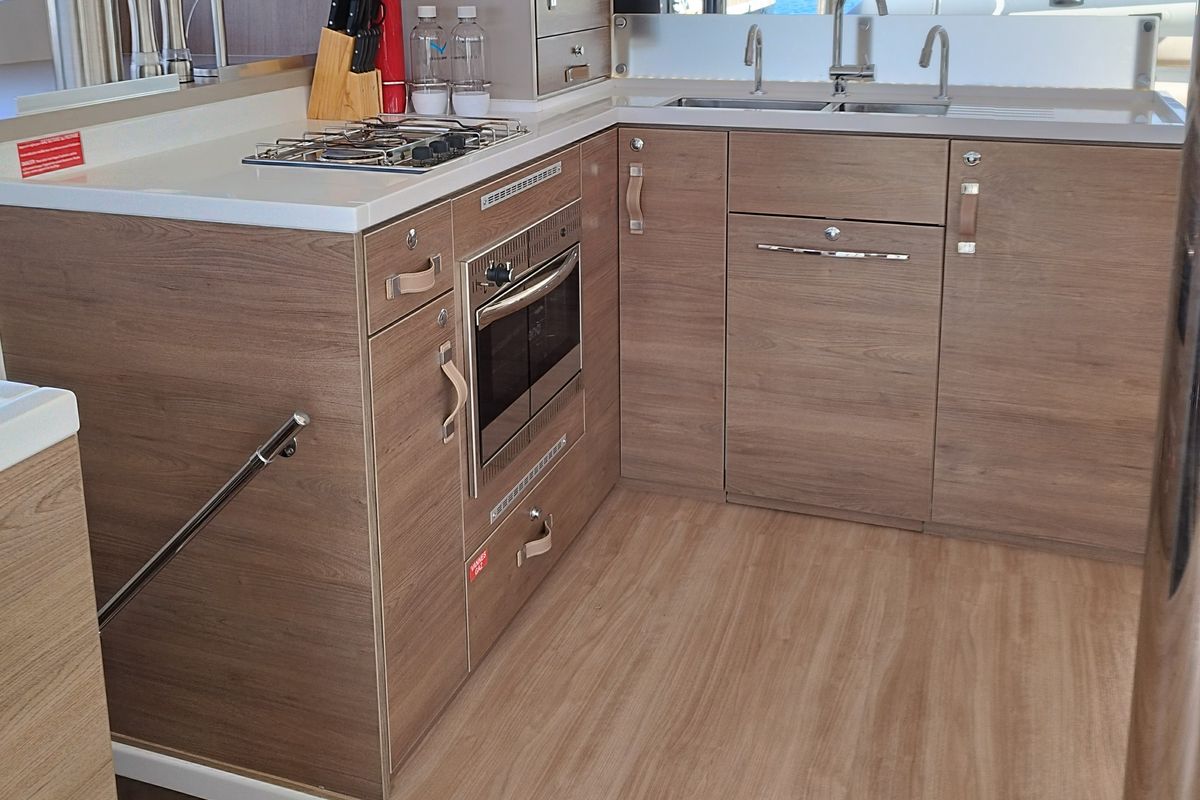 Galley of Steno, a Bali 4.8 catamaran at Olbia, Italy