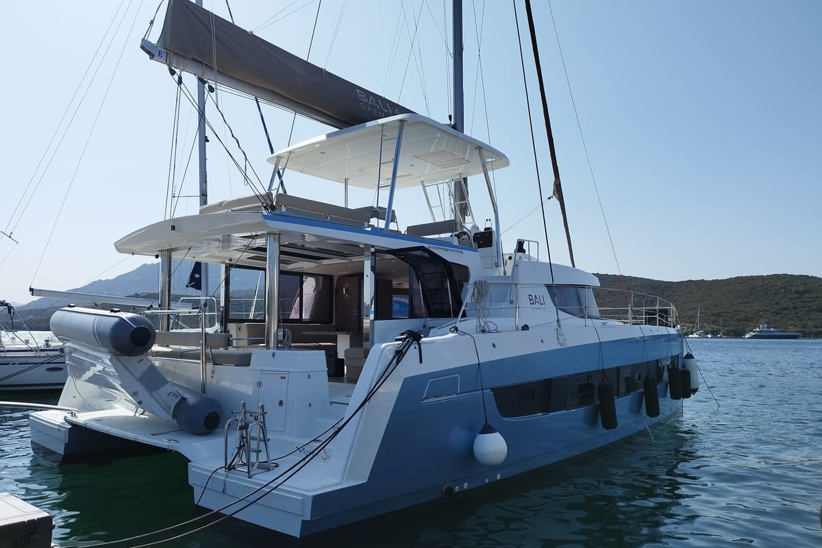 Exterior view of Steno, a Bali 4.8 catamaran at Olbia, Italy