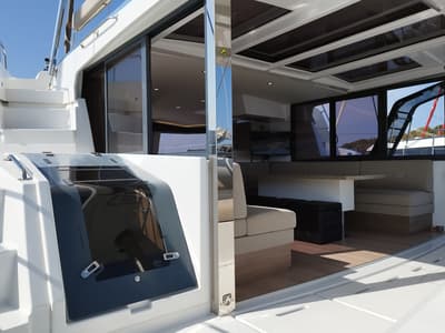 Salon of Steno, a Bali 4.8 catamaran at Olbia, Italy