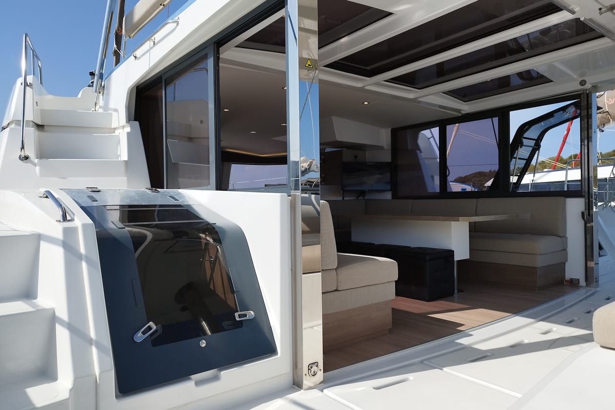Salon of Steno, a Bali 4.8 catamaran at Olbia, Italy