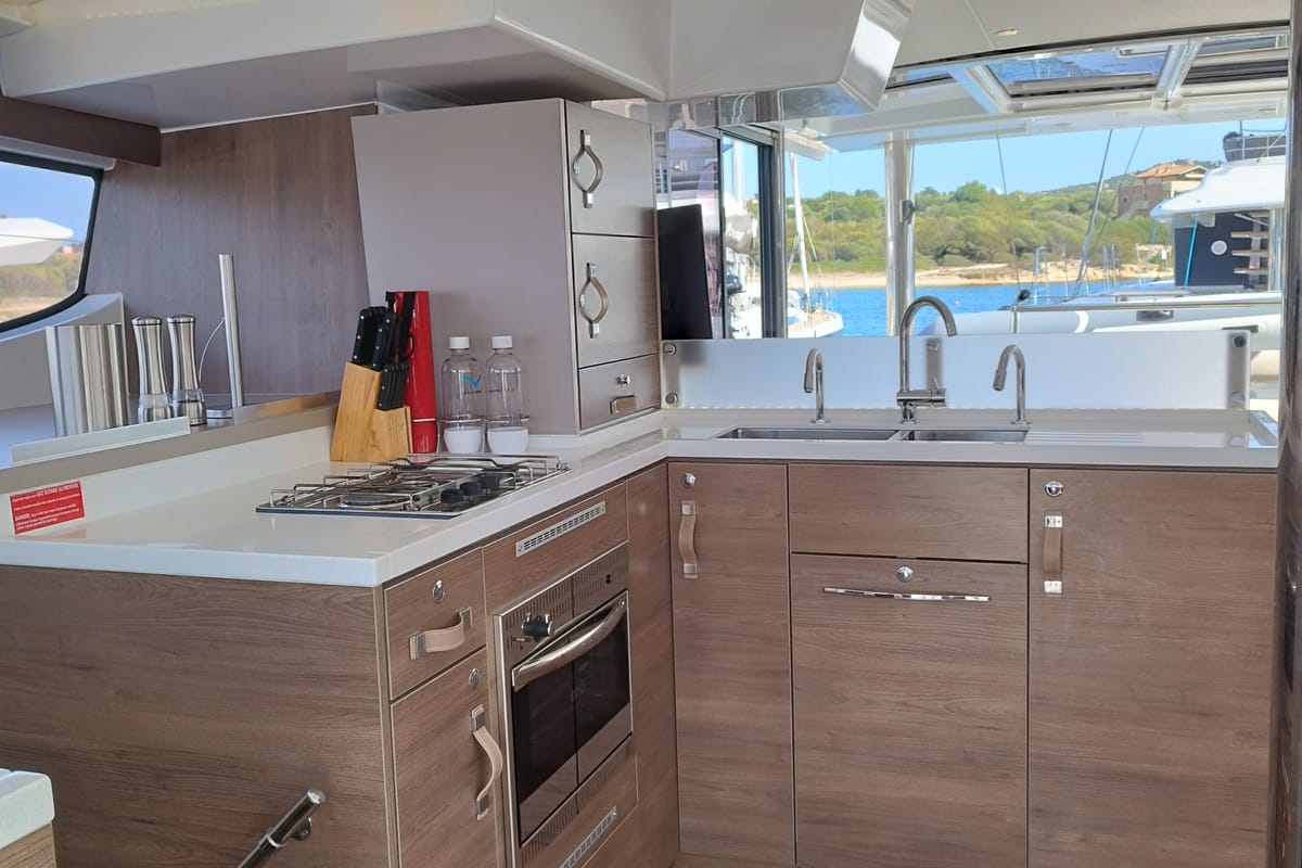 Galley of Steno, a Bali 4.8 catamaran at Olbia, Italy