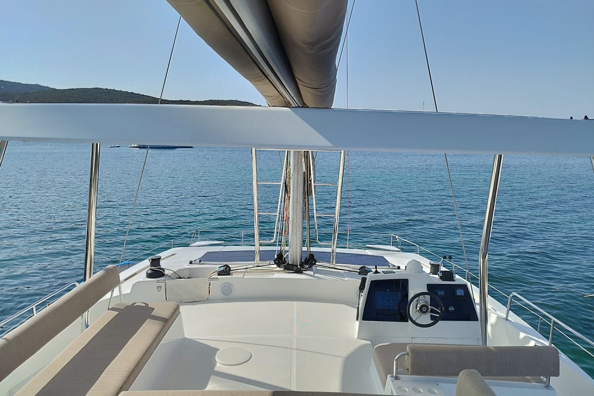 Cockpit of Steno, a Bali 4.8 catamaran at Olbia, Italy