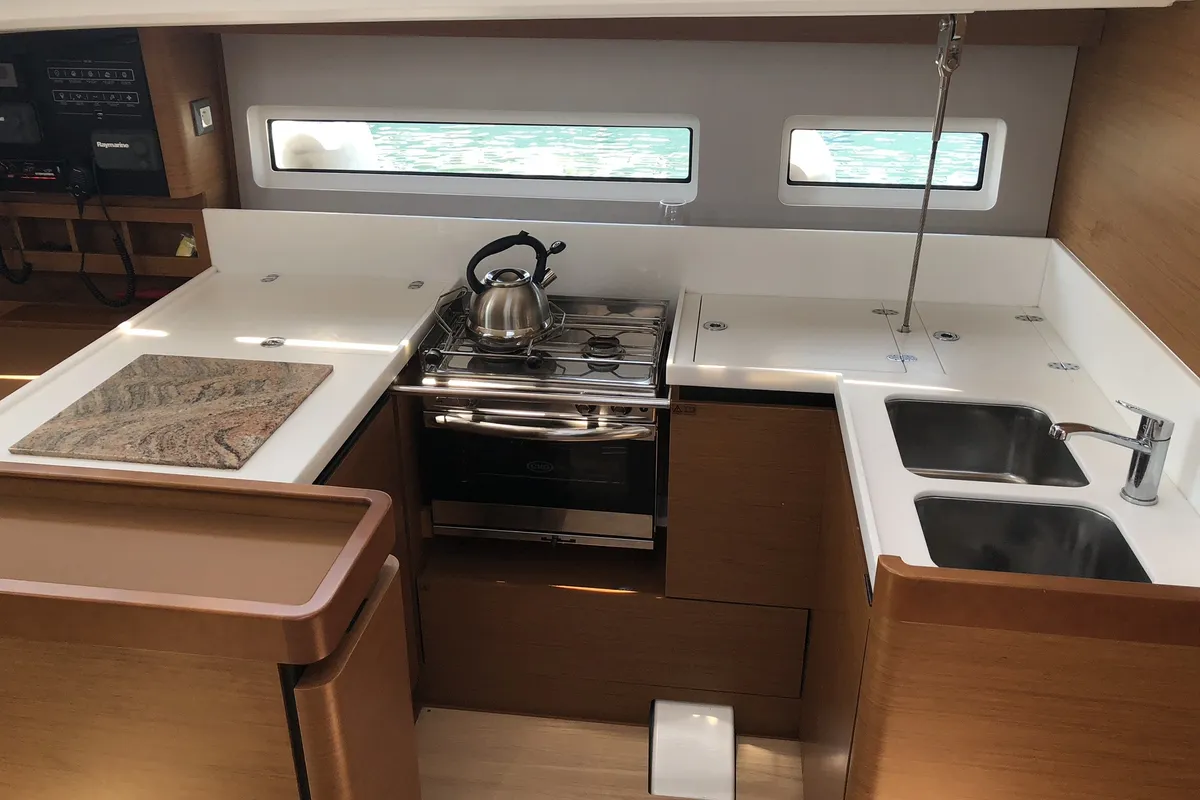 Galley of Kos 440.3, a Jeanneau Sun Odyssey 440 sailboat at Municipal Unit of Lefkada, Greece
