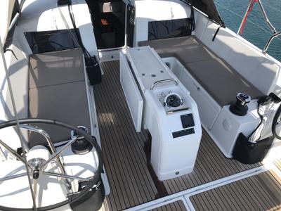 Cockpit of Kos 440.3, a Jeanneau Sun Odyssey 440 sailboat at Municipal Unit of Lefkada, Greece