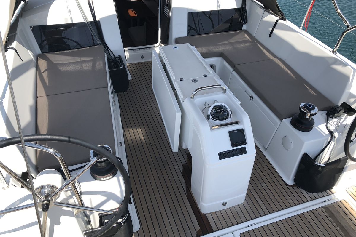 Cockpit of Kos 440.3, a Jeanneau Sun Odyssey 440 sailboat at Municipal Unit of Lefkada, Greece