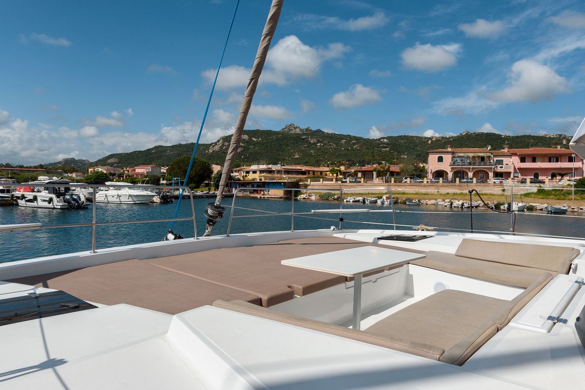 Deck of Orsa 5, a Bali 4.2 catamaran at Cannigione, Italy