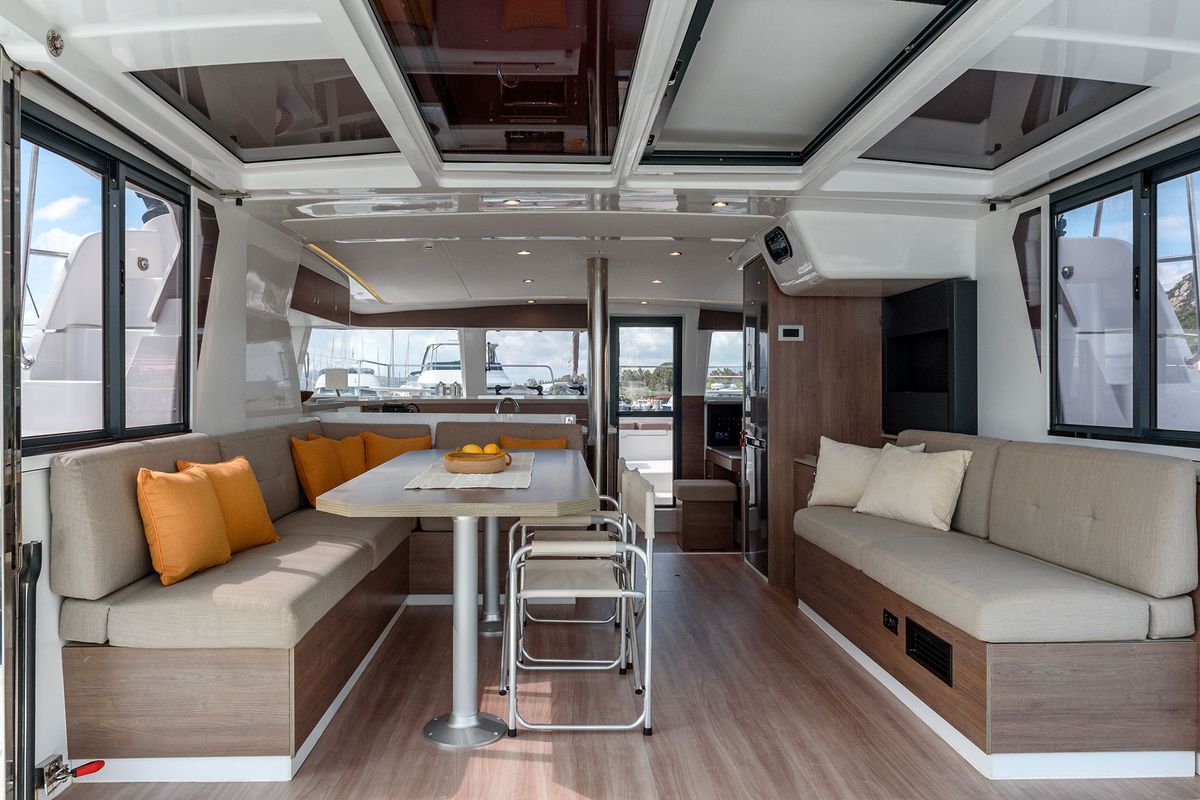 Salon of Orsa 5, a Bali 4.2 catamaran at Cannigione, Italy