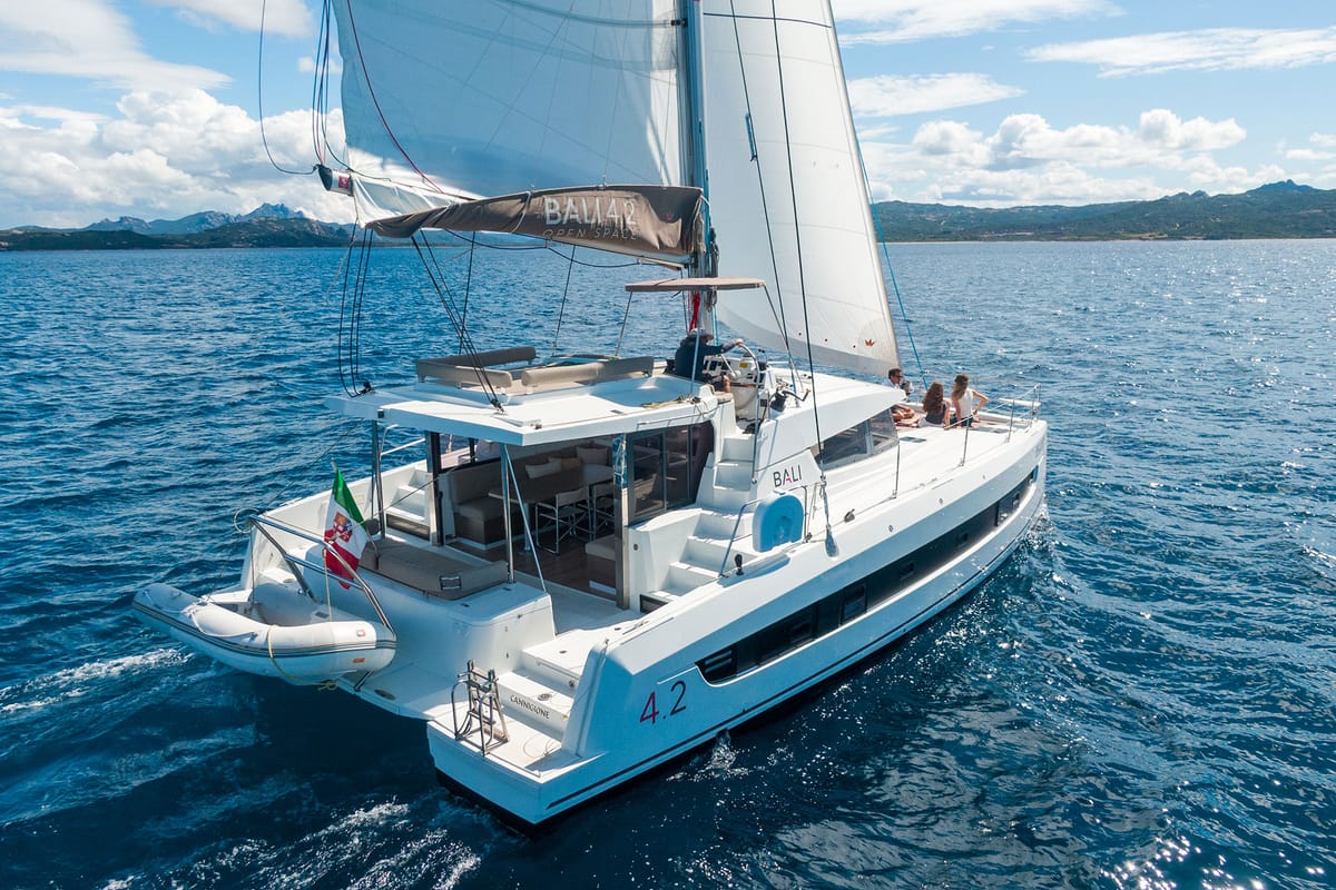 Exterior view of Orsa 5, a Bali 4.2 catamaran at Cannigione, Italy