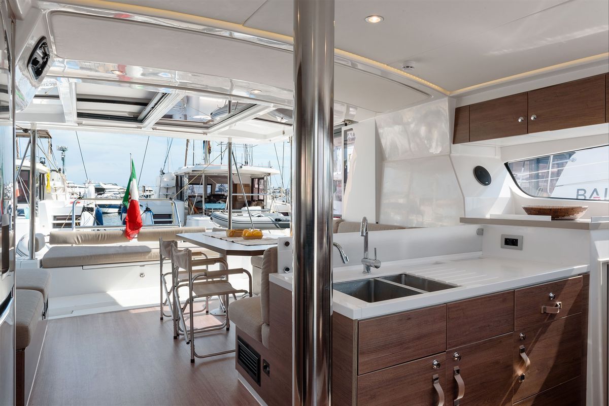 Galley of Orsa 5, a Bali 4.2 catamaran at Cannigione, Italy