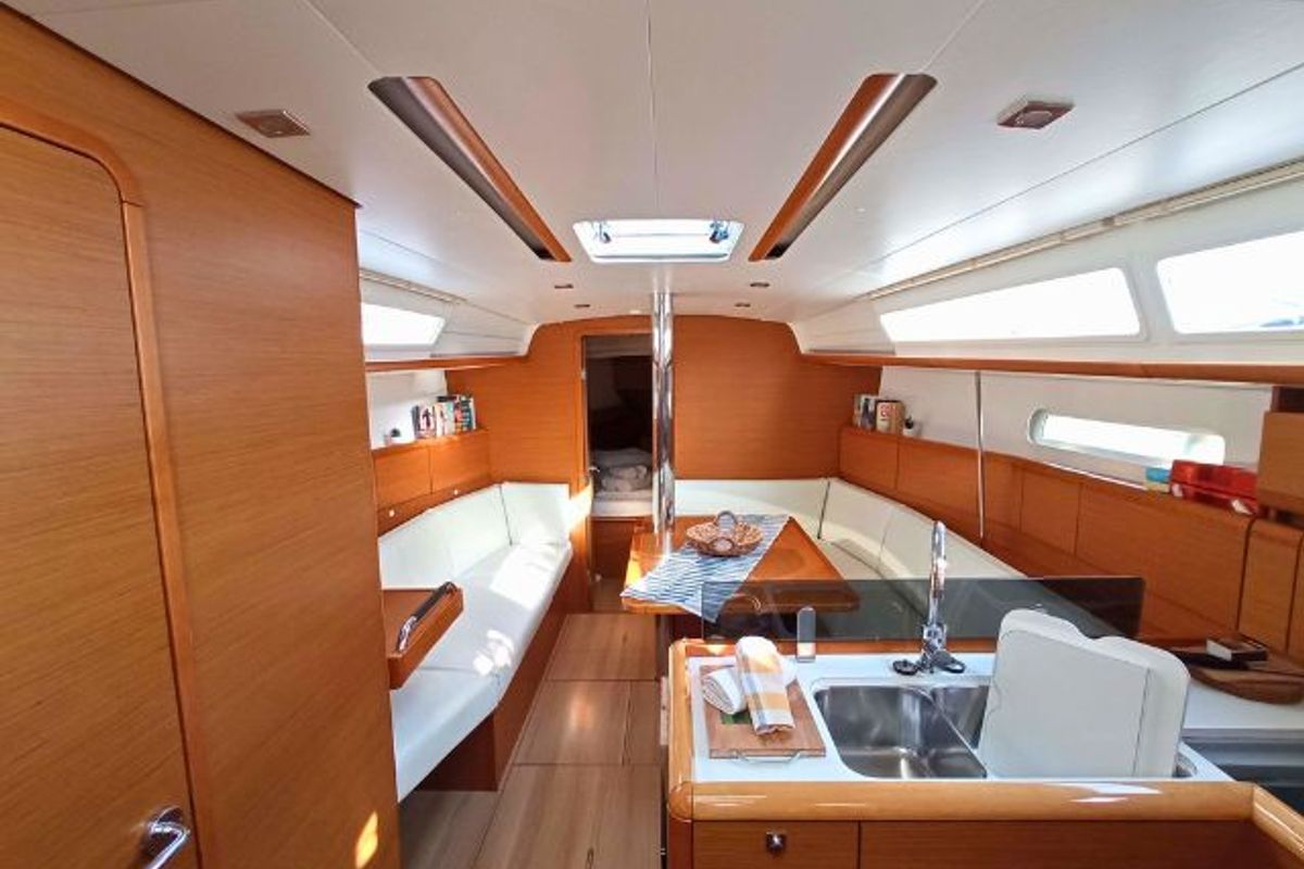 Salon of SO379-14L, a Jeanneau Sun Odyssey 379 sailboat at Municipal Unit of Lefkada, Greece