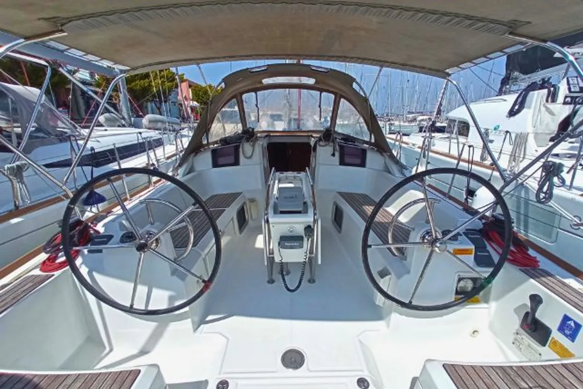 Cockpit of SO379-14L, a Jeanneau Sun Odyssey 379 sailboat at Municipal Unit of Lefkada, Greece