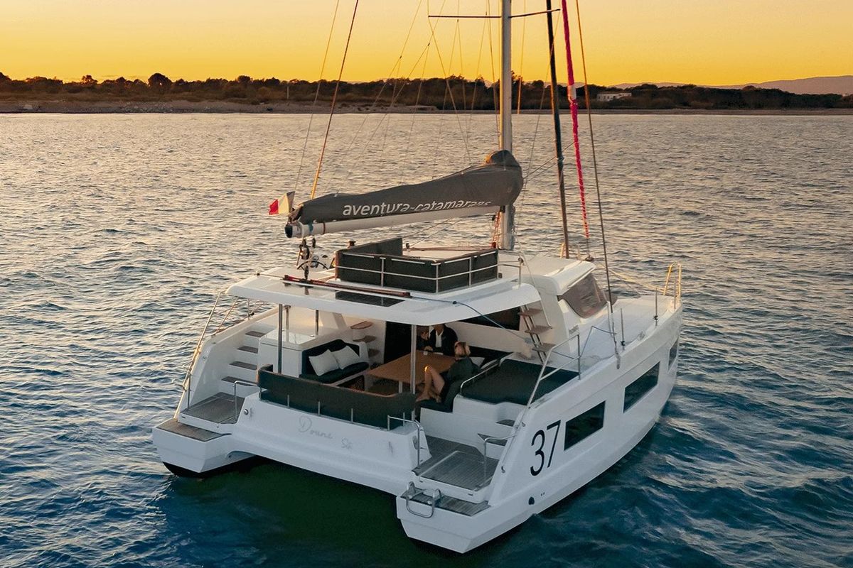 Exterior view of YaMas, a Aventura Catamarans Aventura 37 catamaran at Municipal Unit of Lefkada, Greece