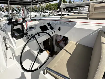 Cockpit of YaMas, a Aventura Catamarans Aventura 37 catamaran at Municipal Unit of Lefkada, Greece