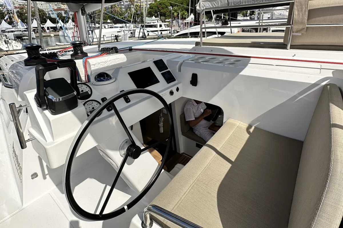 Cockpit of YaMas, a Aventura Catamarans Aventura 37 catamaran at Municipal Unit of Lefkada, Greece