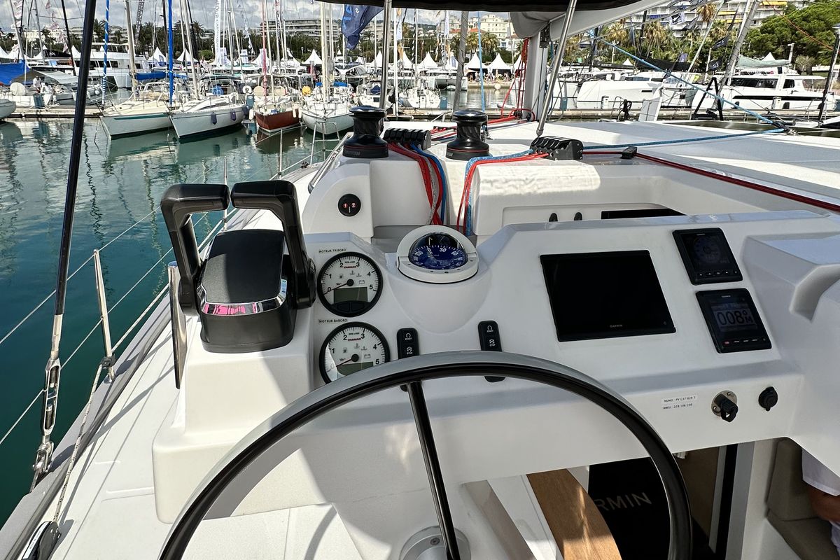 Cockpit of YaMas, a Aventura Catamarans Aventura 37 catamaran at Municipal Unit of Lefkada, Greece