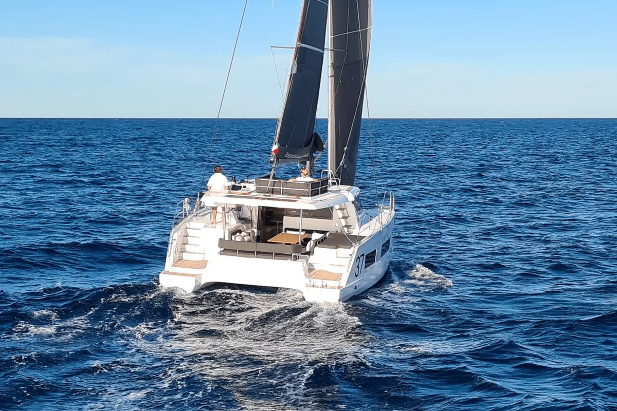Exterior view of YaMas, a Aventura Catamarans Aventura 37 catamaran at Municipal Unit of Lefkada, Greece