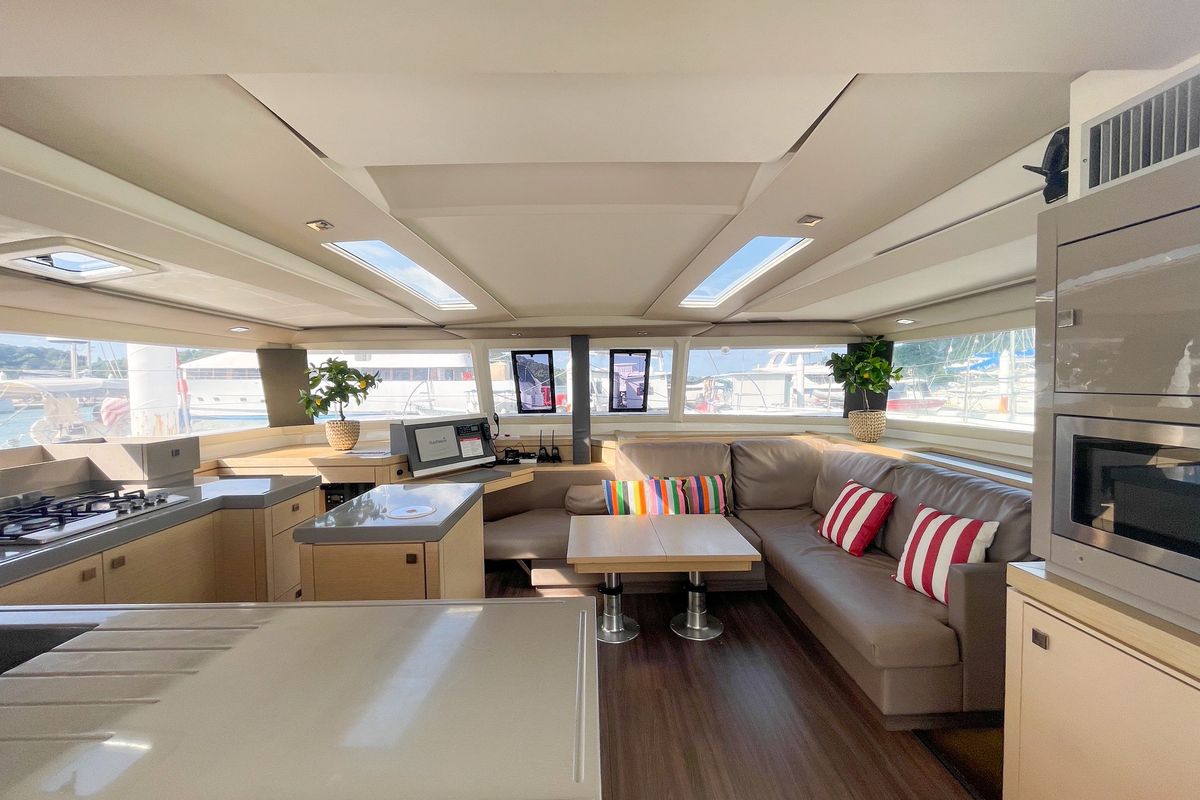 Salon of Maravelle, a Fountaine Pajot Saona 47 Quintet catamaran at Pa Khlok, Thailand