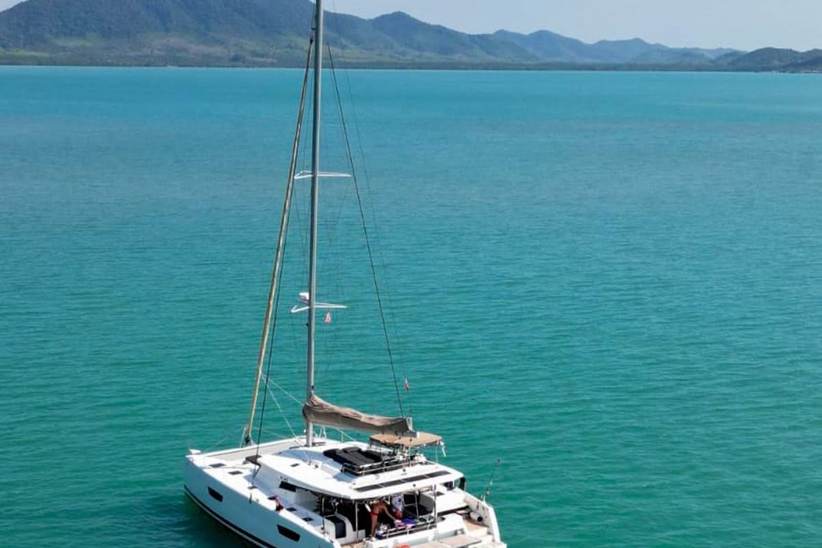 Exterior view of Maravelle, a Fountaine Pajot Saona 47 Quintet catamaran at Pa Khlok, Thailand