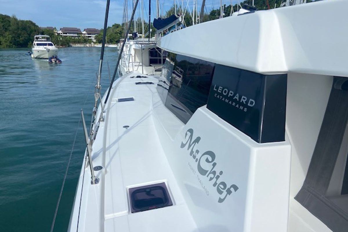Exterior view of Ms. Chief, a Leopard 50 catamaran at Pa Khlok, Thailand