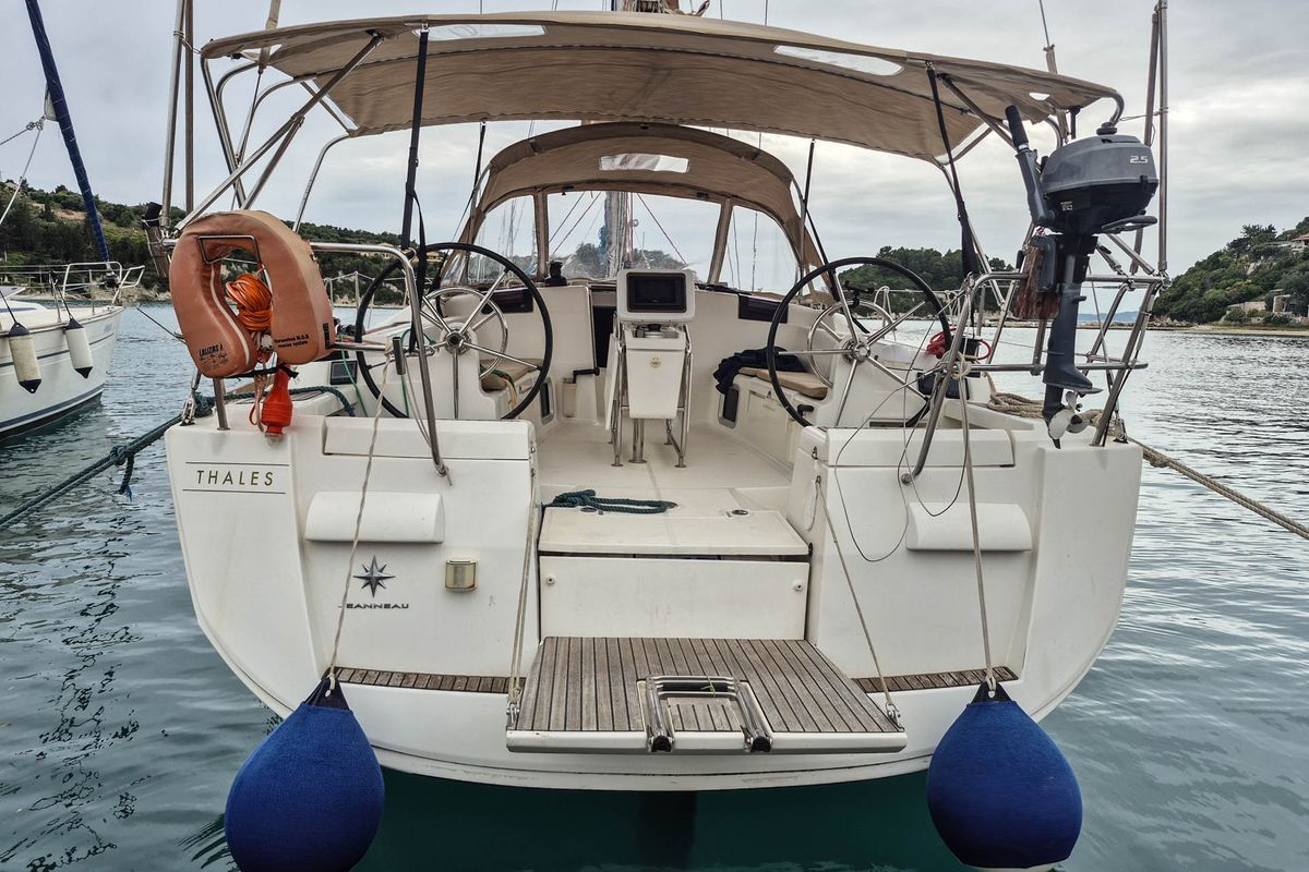 Exterior view of Thales, a Jeanneau Sun Odyssey 439 sailboat at Municipal Unit of Lefkada, Greece