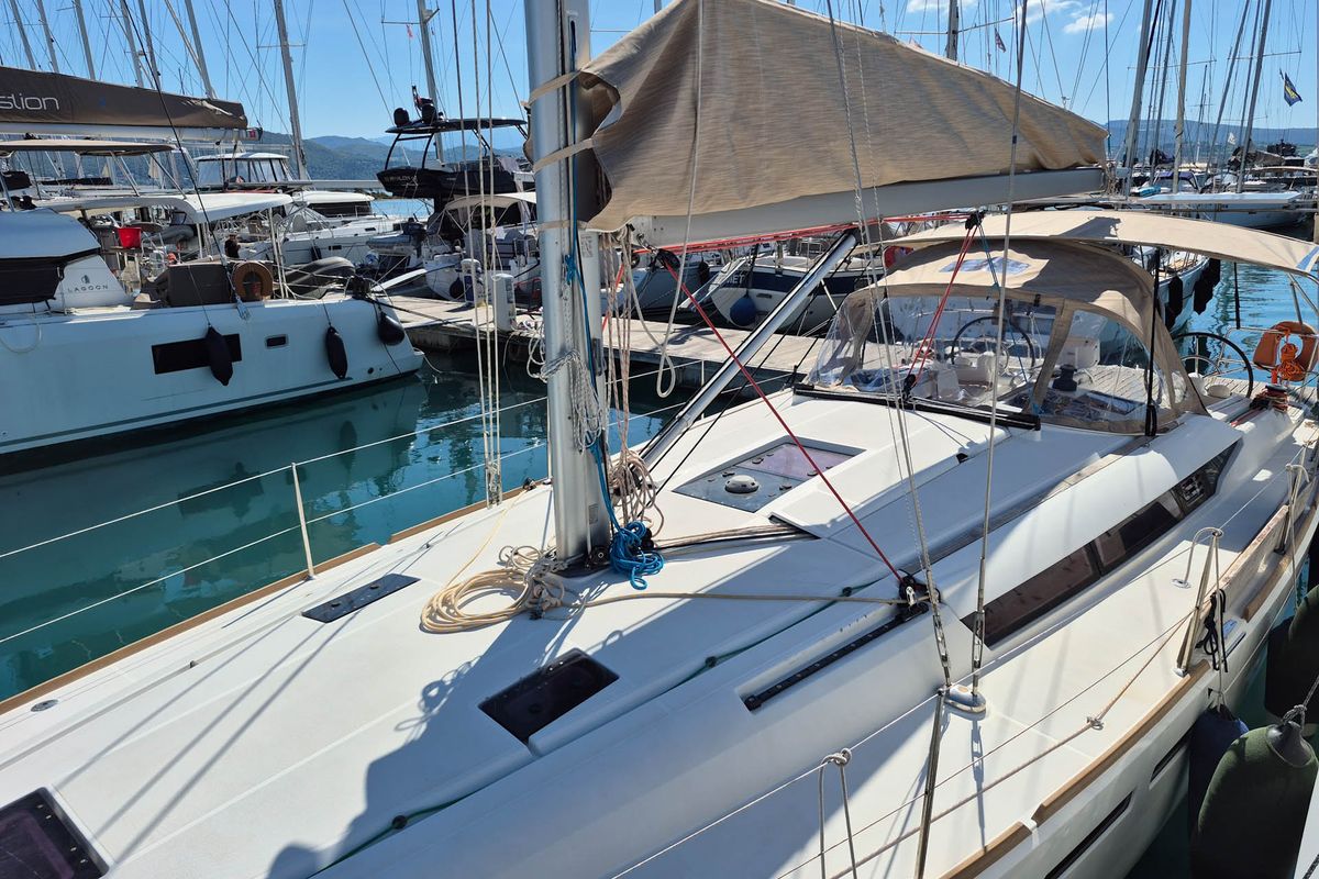 Exterior view of Thales, a Jeanneau Sun Odyssey 439 sailboat at Municipal Unit of Lefkada, Greece