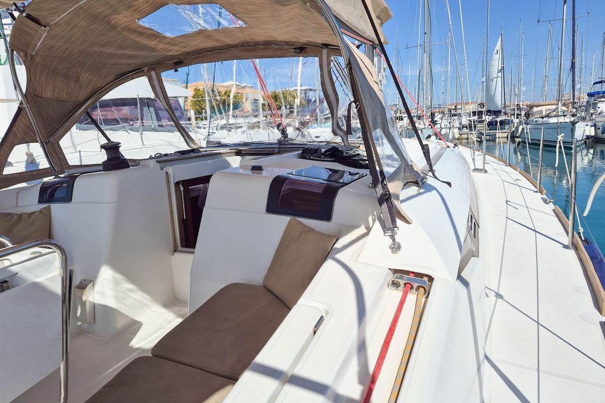 Deck of Thales, a Jeanneau Sun Odyssey 439 sailboat at Municipal Unit of Lefkada, Greece