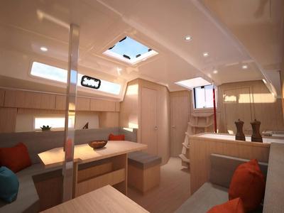 Salon of Xiphias V, a Bavaria C38 sailboat at Marseille, France