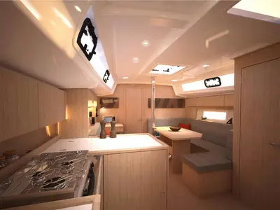 Galley of Xiphias V, a Bavaria C38 sailboat at Marseille, France