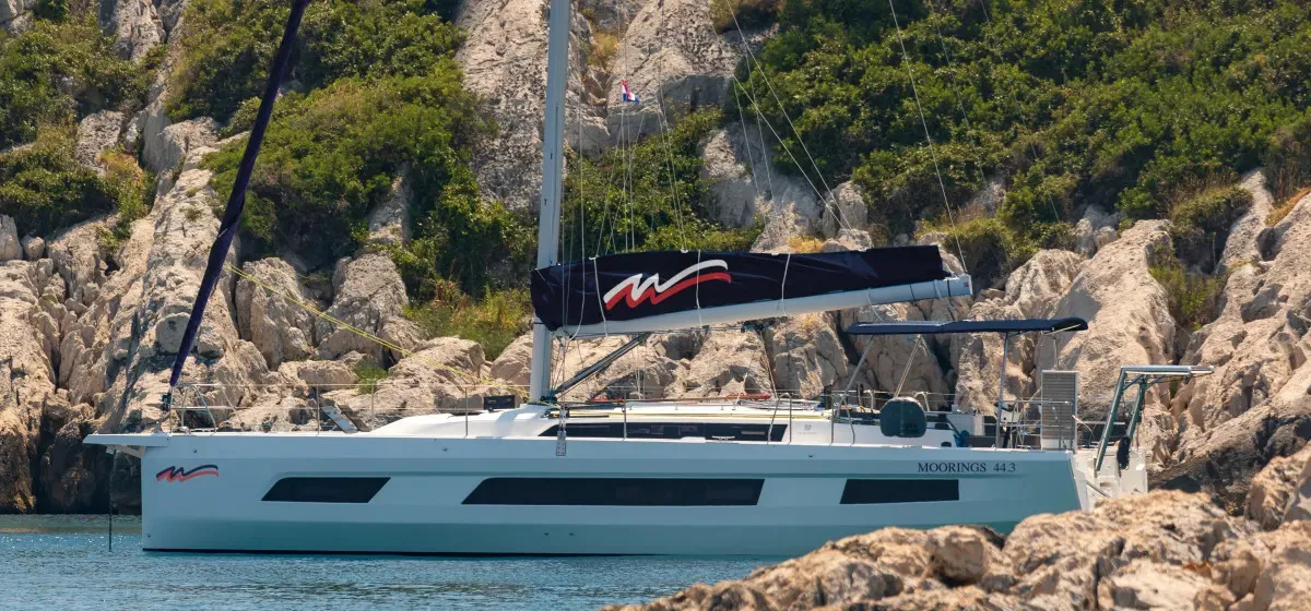 Exterior view of Moorings 44.3 Exclusive Plus, a Dufour 44 sailboat at Piraeus, Greece