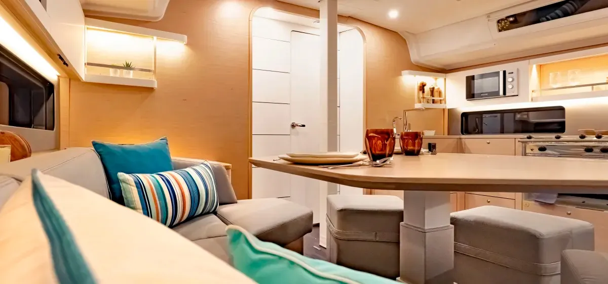 Salon of Moorings 44.3 Exclusive Plus, a Dufour 44 sailboat at Piraeus, Greece