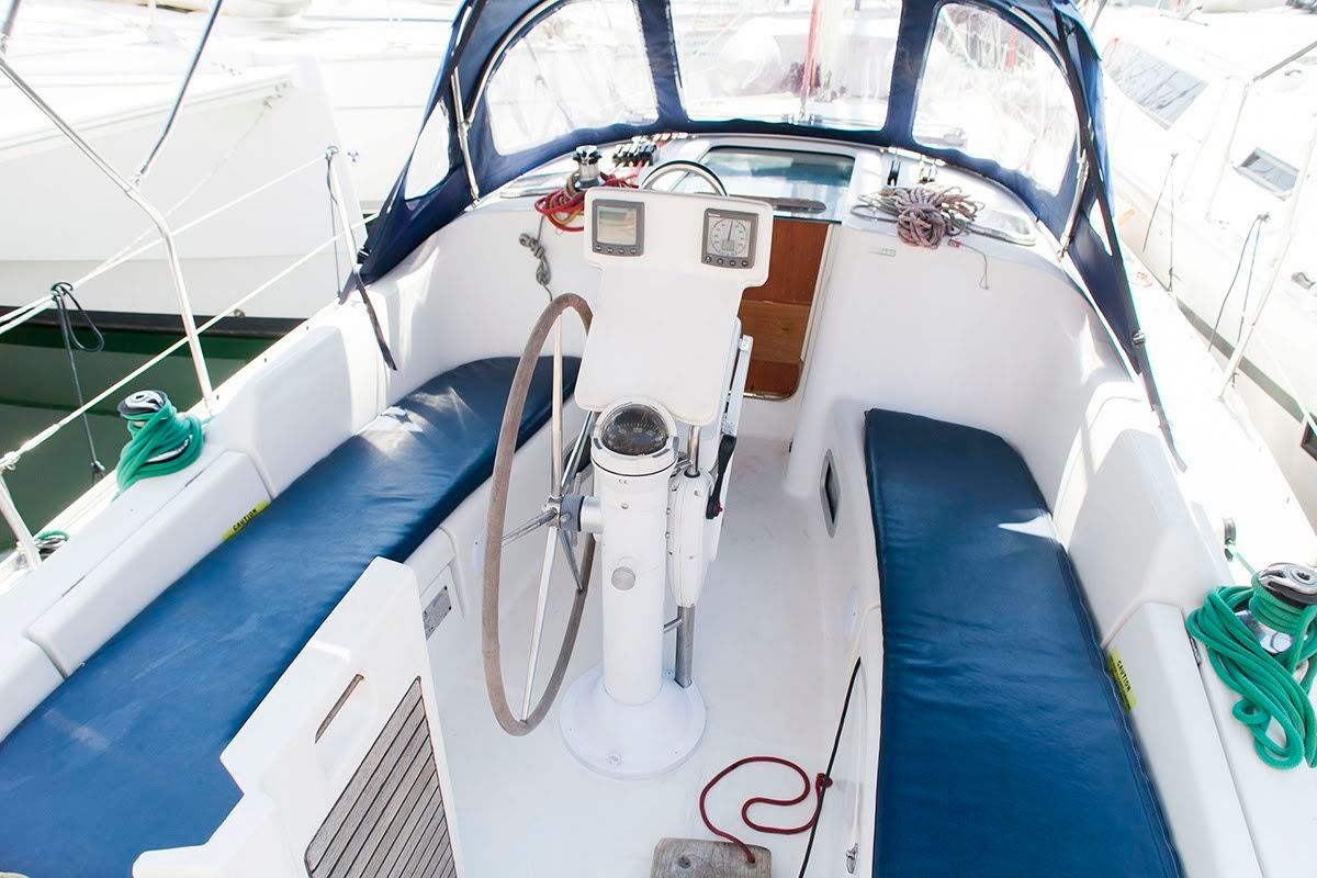 Cockpit of Ariadne, a Beneteau Oceanis Clipper 343 sailboat at Preveza, Greece