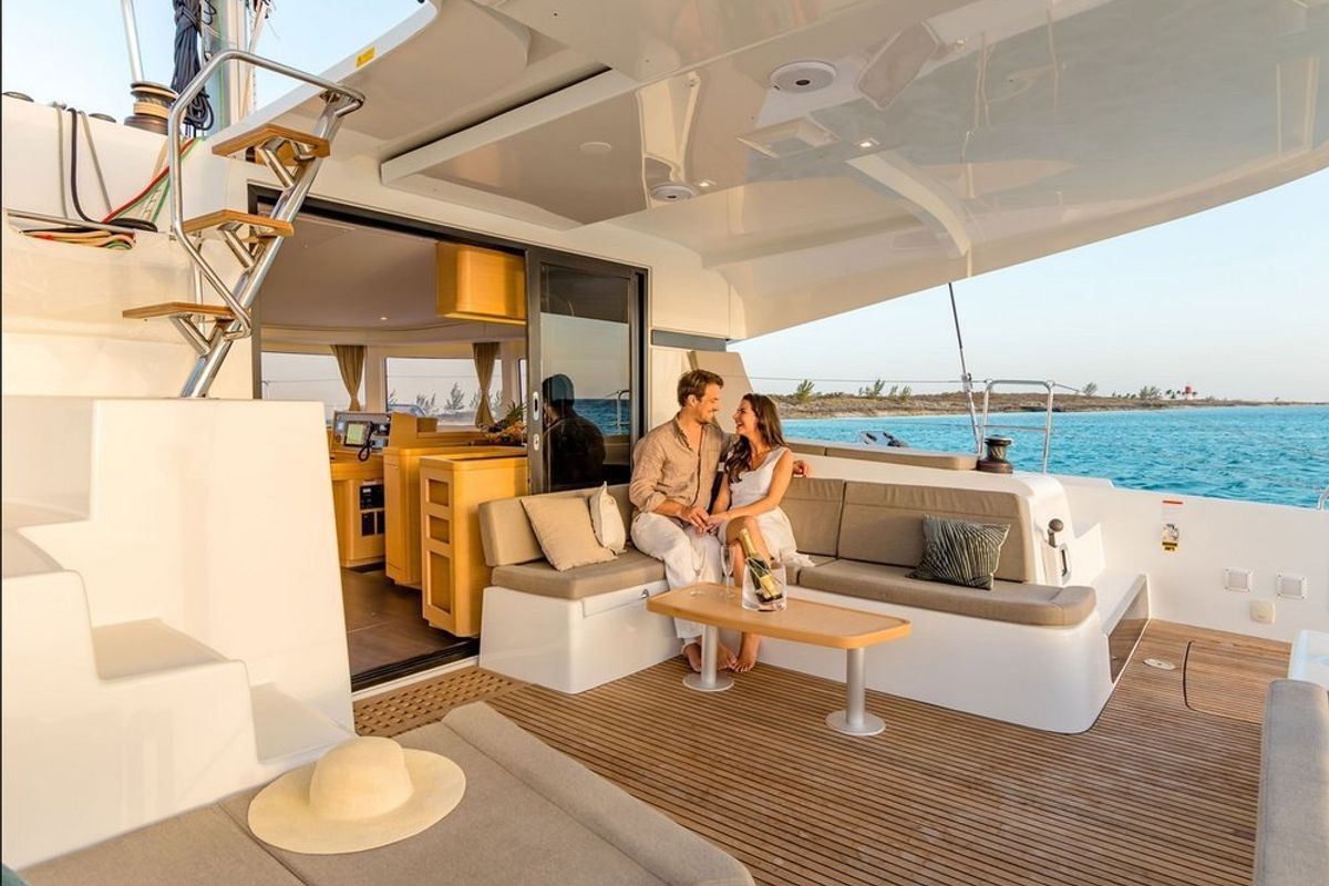 Deck of Miss Nastazia, a Lagoon 42 catamaran at Salamina Municipal Unit, Greece