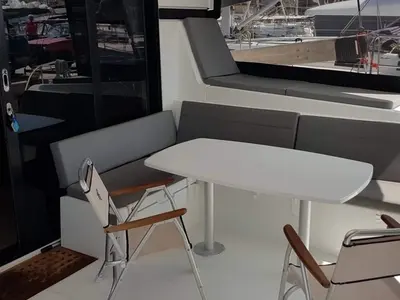 Deck of Miss Nastazia, a Lagoon 42 catamaran at Salamina Municipal Unit, Greece