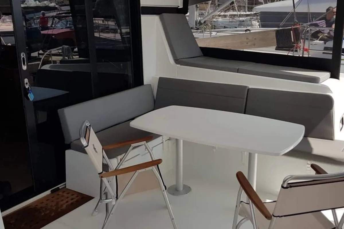 Deck of Miss Nastazia, a Lagoon 42 catamaran at Salamina Municipal Unit, Greece