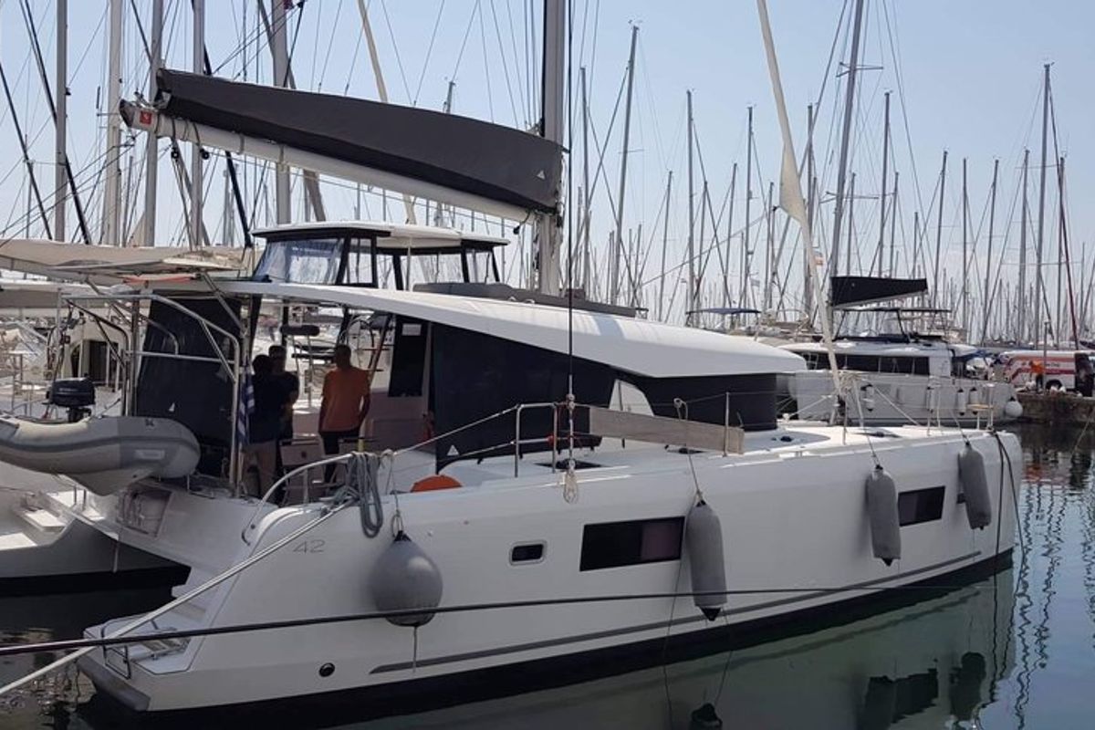 Exterior view of Miss Nastazia, a Lagoon 42 catamaran at Salamina Municipal Unit, Greece