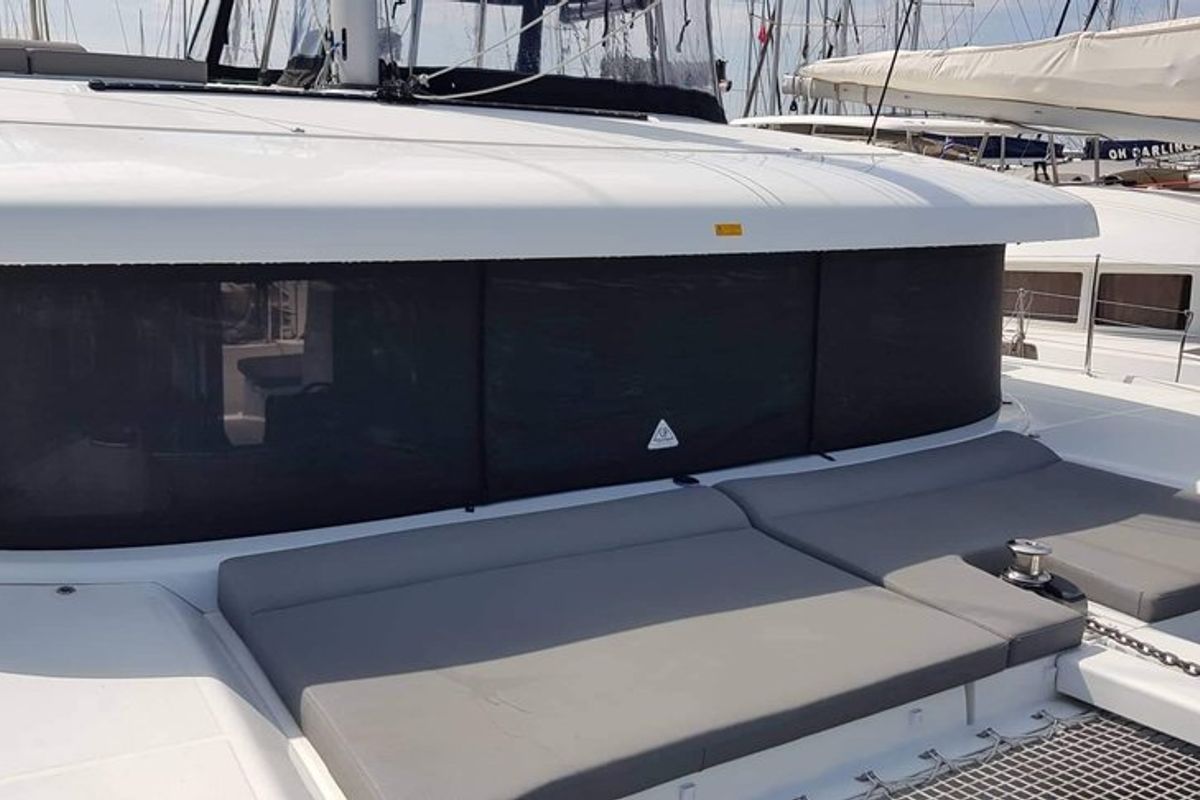 Deck of Miss Nastazia, a Lagoon 42 catamaran at Salamina Municipal Unit, Greece