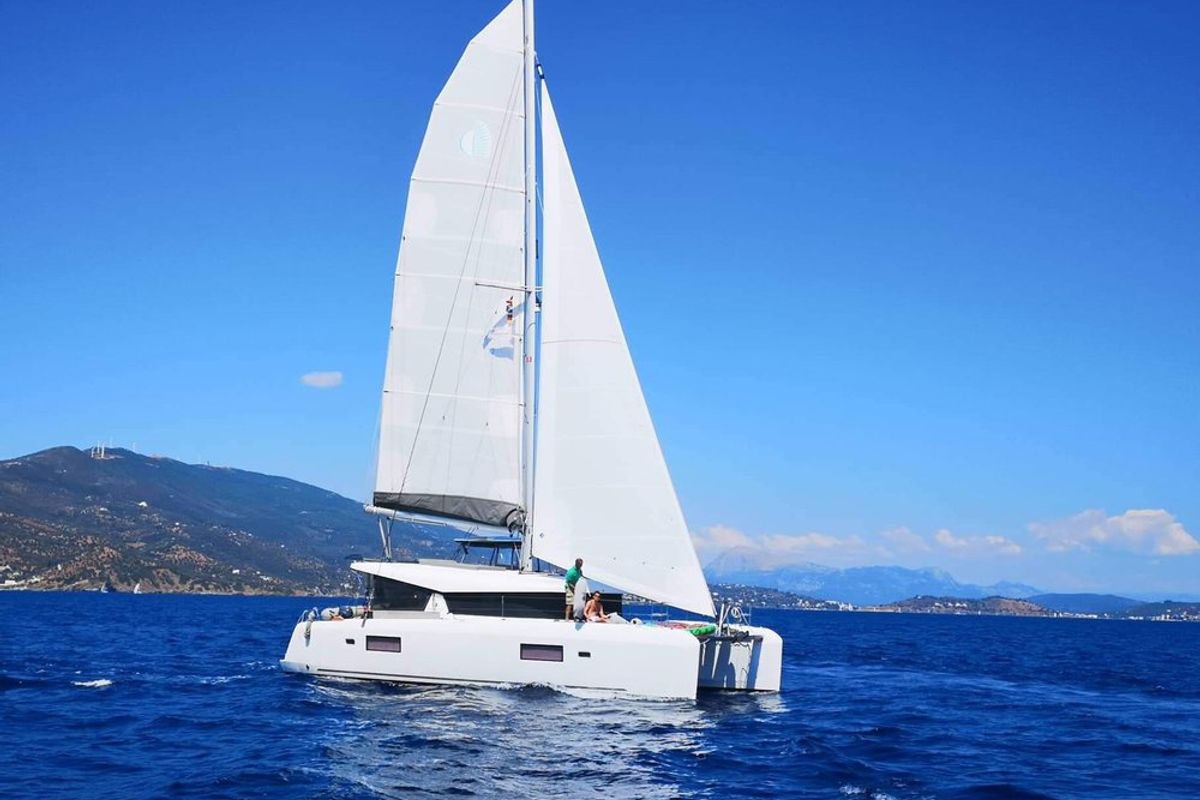 Exterior view of Miss Nastazia, a Lagoon 42 catamaran at Salamina Municipal Unit, Greece