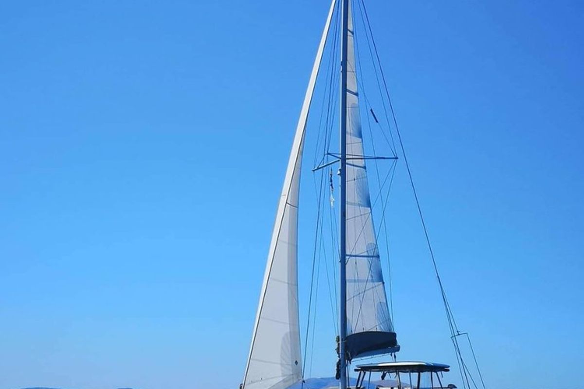 Exterior view of Miss Nastazia, a Lagoon 42 catamaran at Salamina Municipal Unit, Greece
