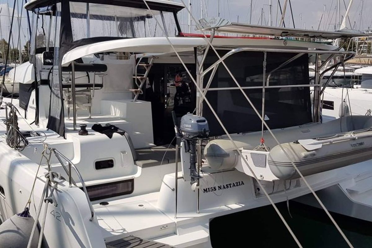 Exterior view of Miss Nastazia, a Lagoon 42 catamaran at Salamina Municipal Unit, Greece