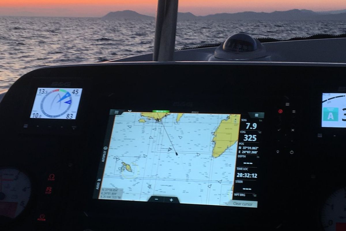 Cockpit of Miss Nastazia, a Lagoon 42 catamaran at Salamina Municipal Unit, Greece