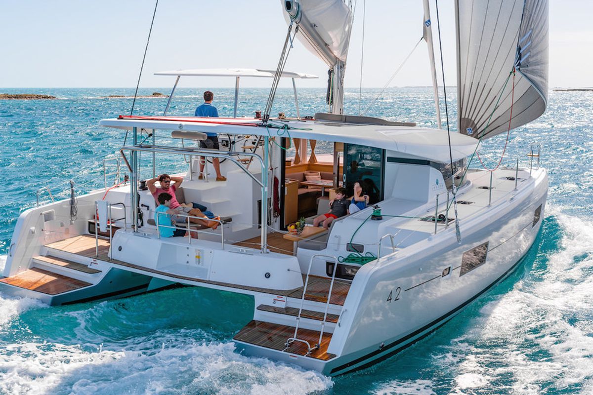 Exterior view of Miss Nastazia, a Lagoon 42 catamaran at Salamina Municipal Unit, Greece