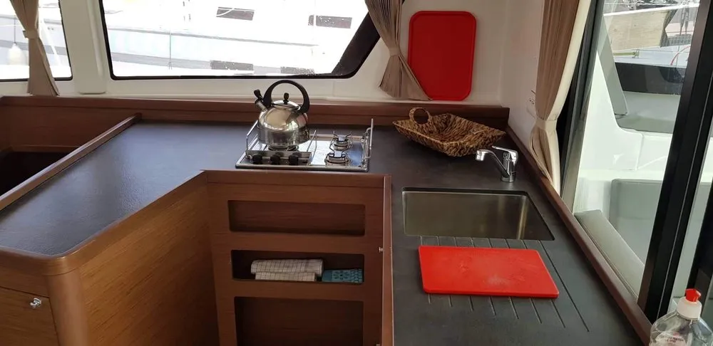 Galley of Miss Nastazia, a Lagoon 42 catamaran at Salamina Municipal Unit, Greece